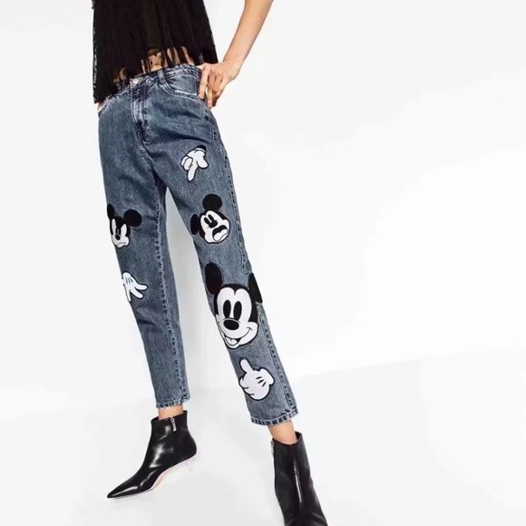 Zara Blue Medium Wash Mickey Mouse Disney Patches High Waisted Straight Leg  Jeans Listed By TrendyLife - Tradesy